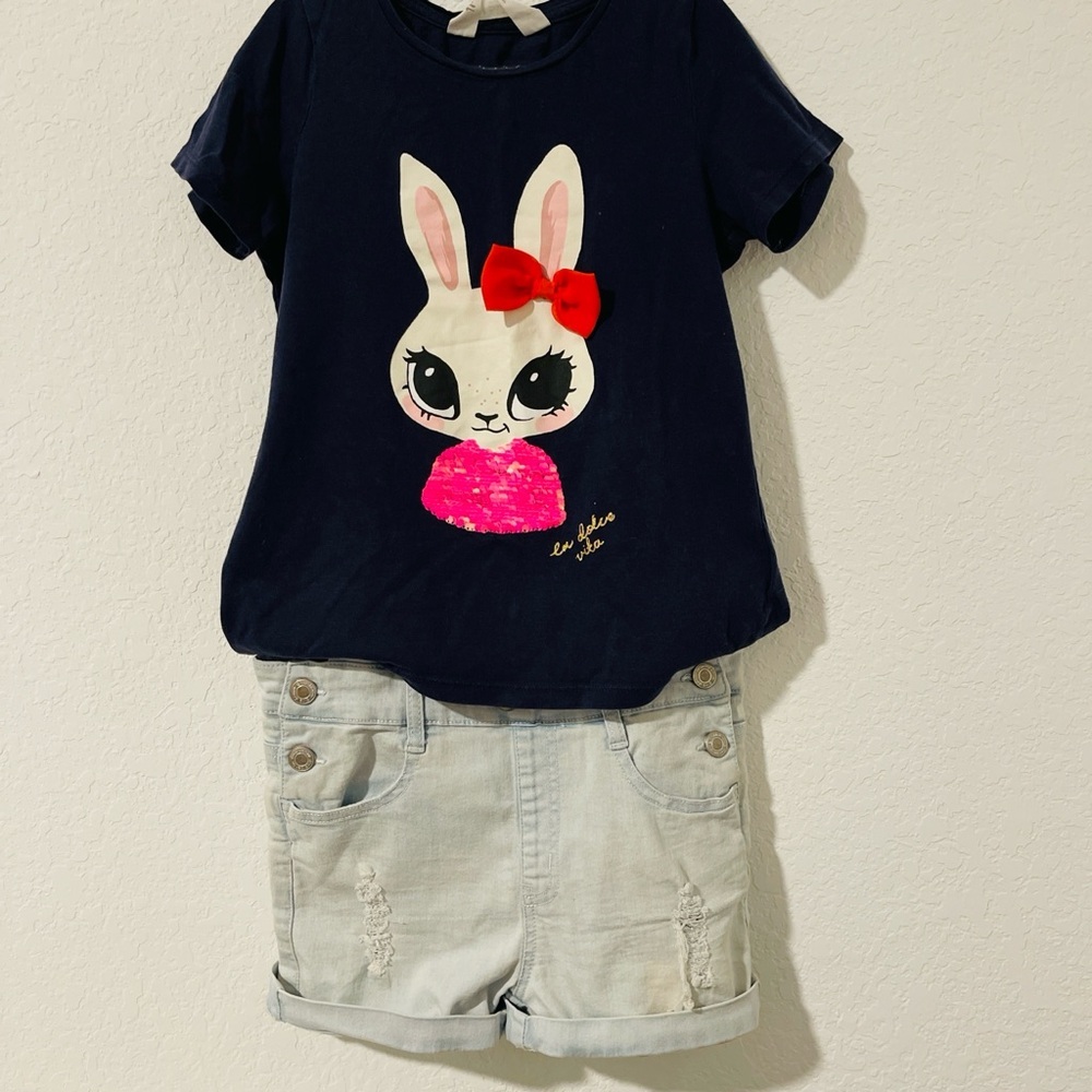 Girls Bundle: Bunny Tee and Light Wash Denim Overalls